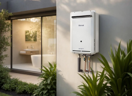 Outdoor hot water system installed on a home